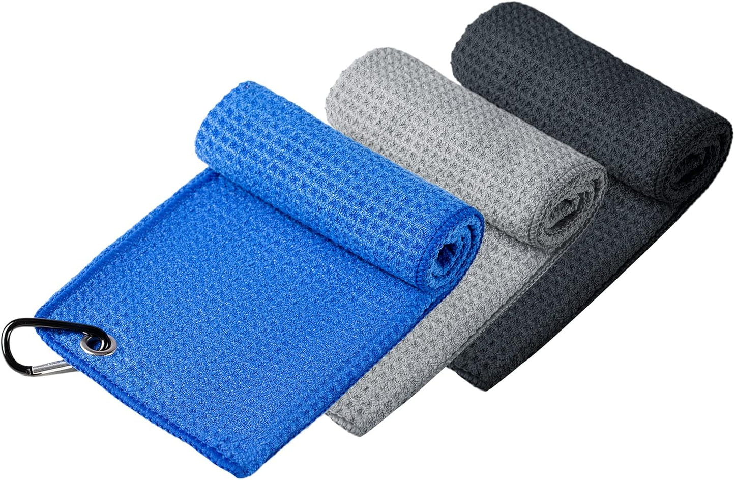 Microfiber Golf Towel (16" X 16") with Carabiner Clip, Waffle Pattern Golf Towel Hook and Loop Fastener - the Convenient Golf Cleaning Towel Black/Grey/Blue