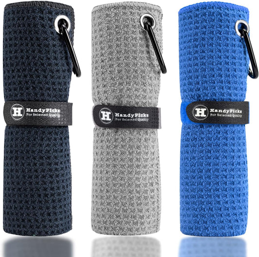 Microfiber Golf Towel (16" X 16") with Carabiner Clip, Waffle Pattern Golf Towel Hook and Loop Fastener - the Convenient Golf Cleaning Towel Black/Grey/Blue